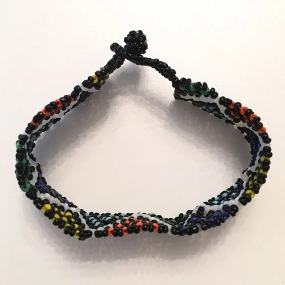 Hand‎ Beaded Mexican Huichol Bracelet Colorful Multicolor Zig Zag Rainbow